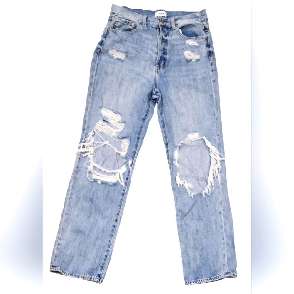Pistola destroyed medium wash button fly high rise relaxed straight, siz…